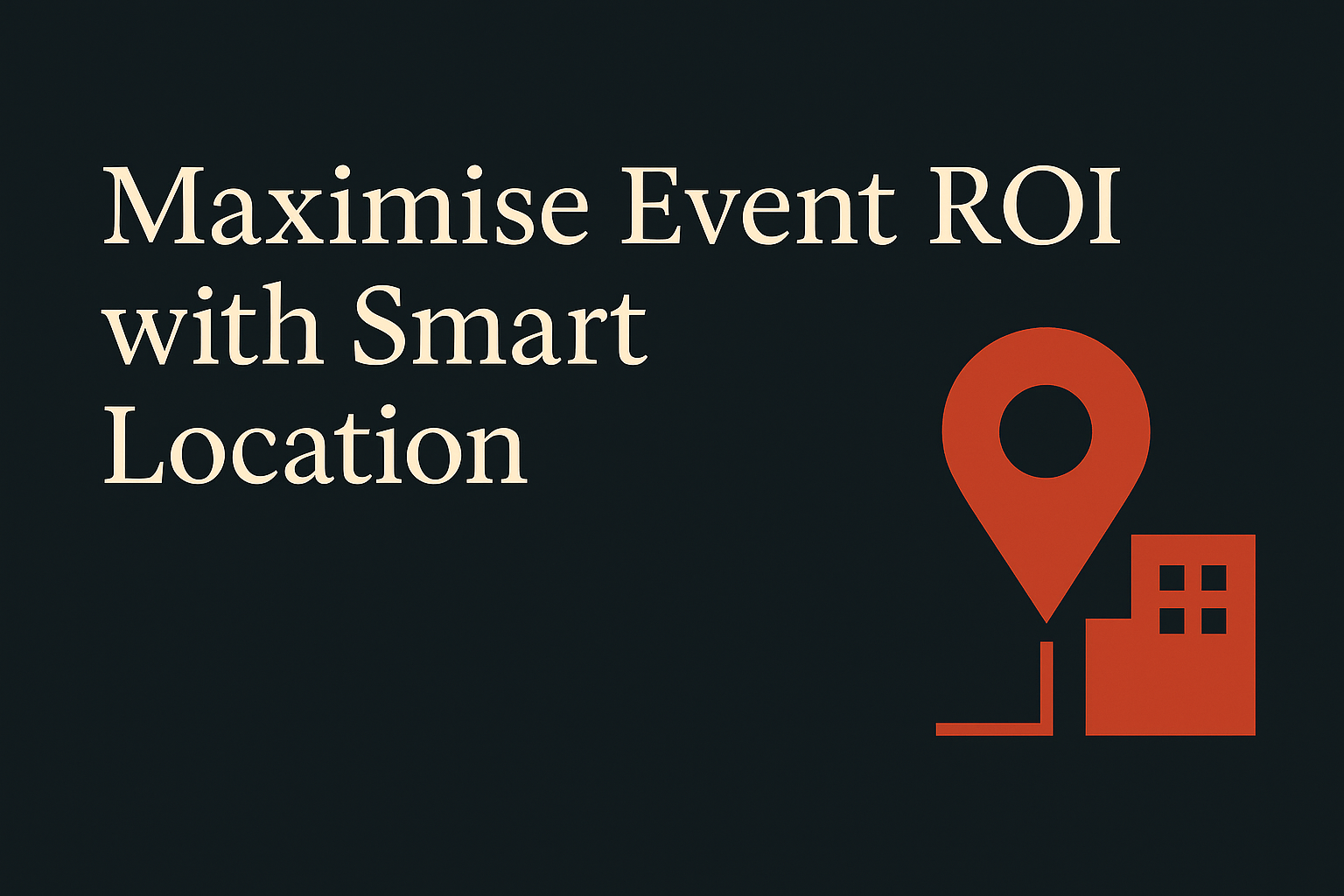 Cream text over dark background with orange location pin and building icons