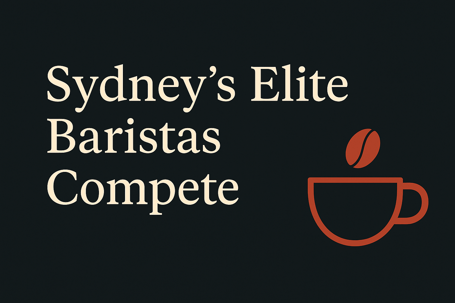 Dark background with cream text, featuring an orange coffee cup and beans.