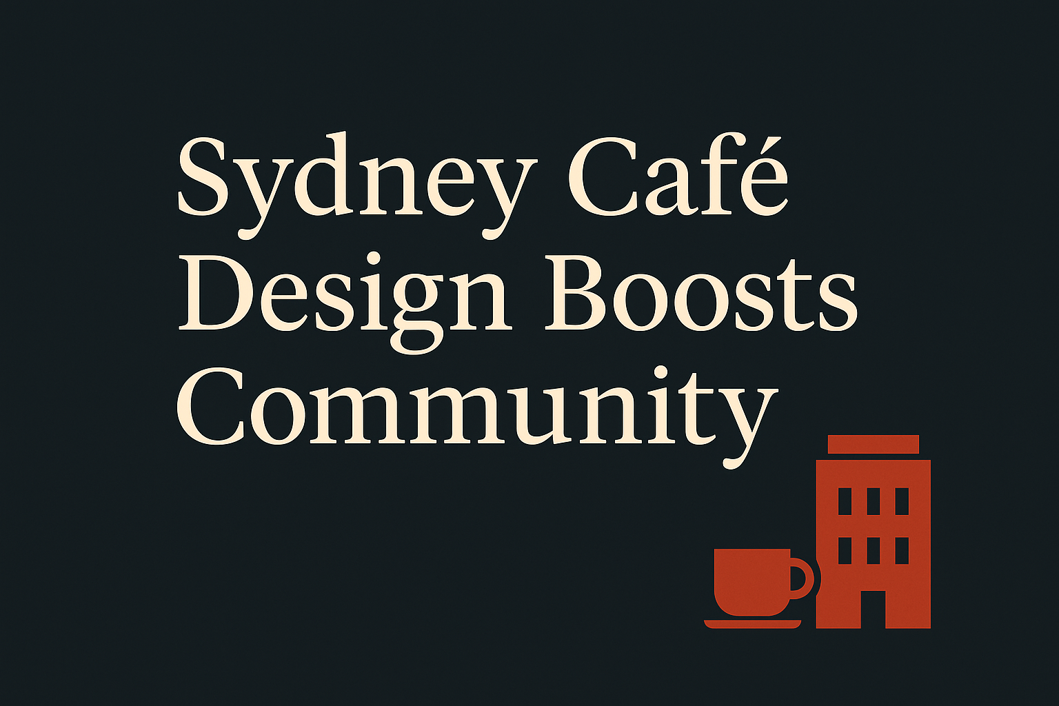 Dark background, cream text with Sydney building and coffee cup icons