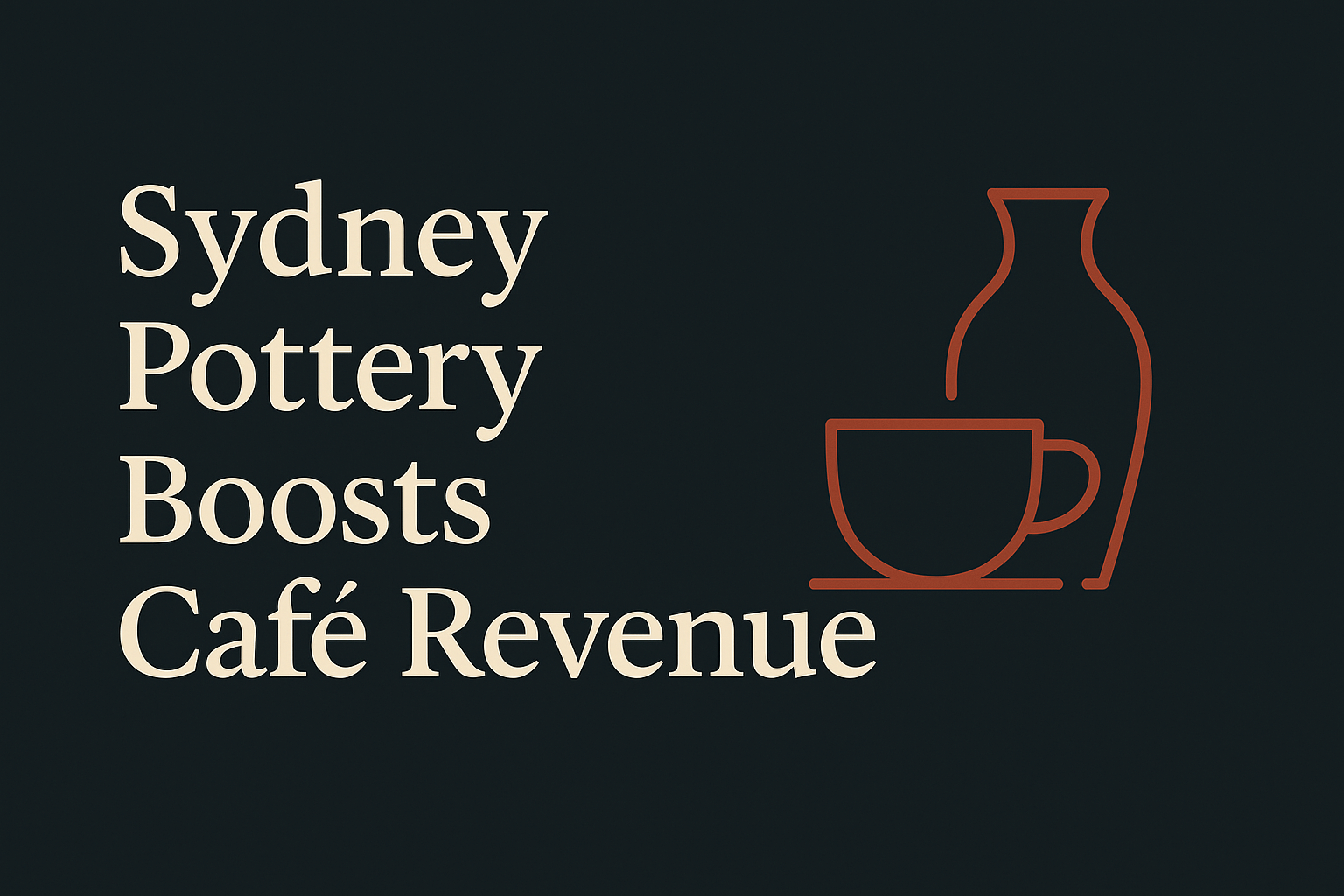 Dark background with cream text, orange coffee and pottery iconography.