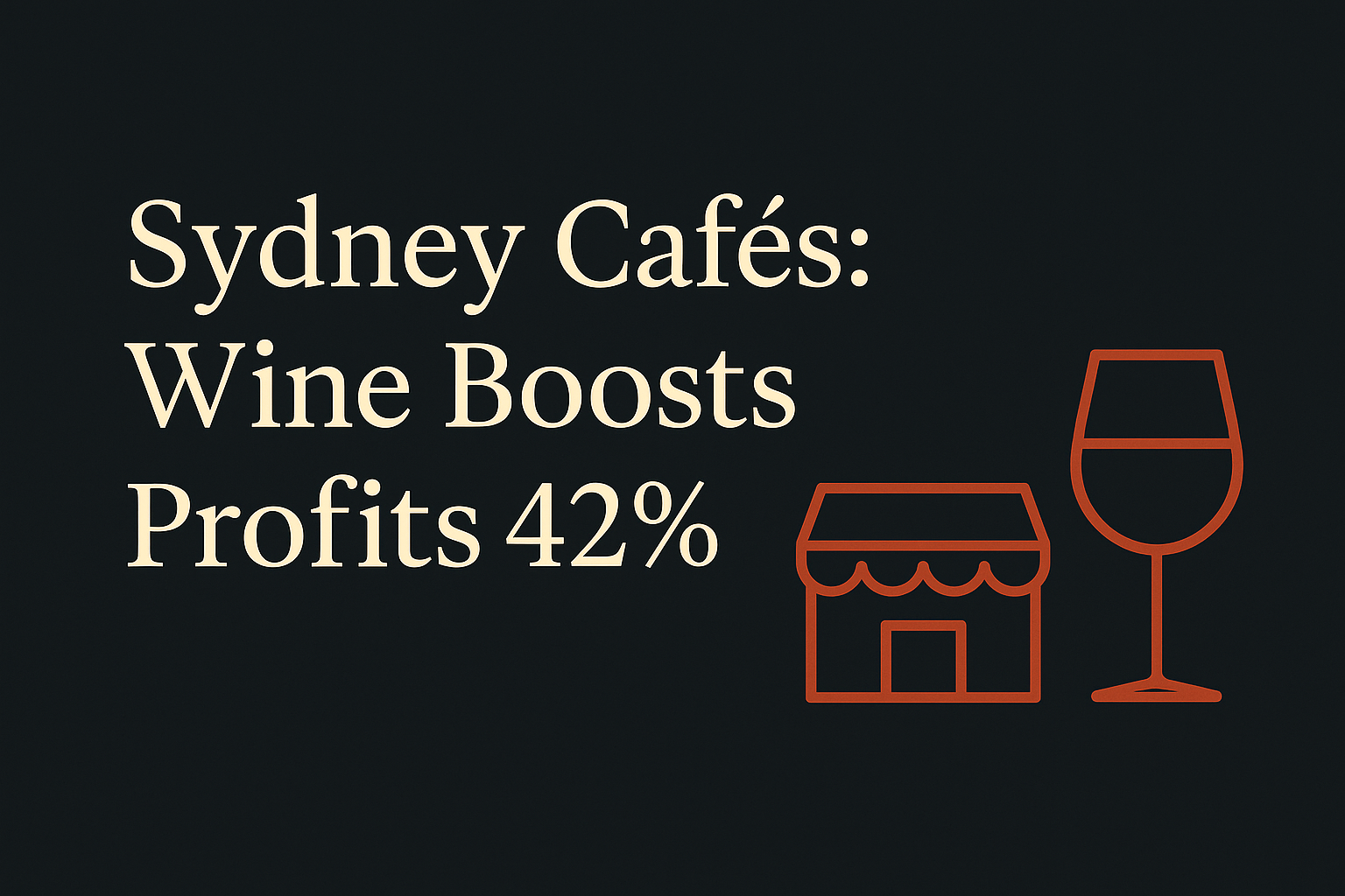 Dark background with cream text, wine glass and café icons in orange.