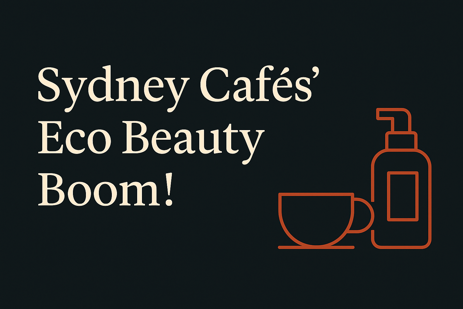 Dark background with cream text, orange coffee cup, and skincare bottle icons.