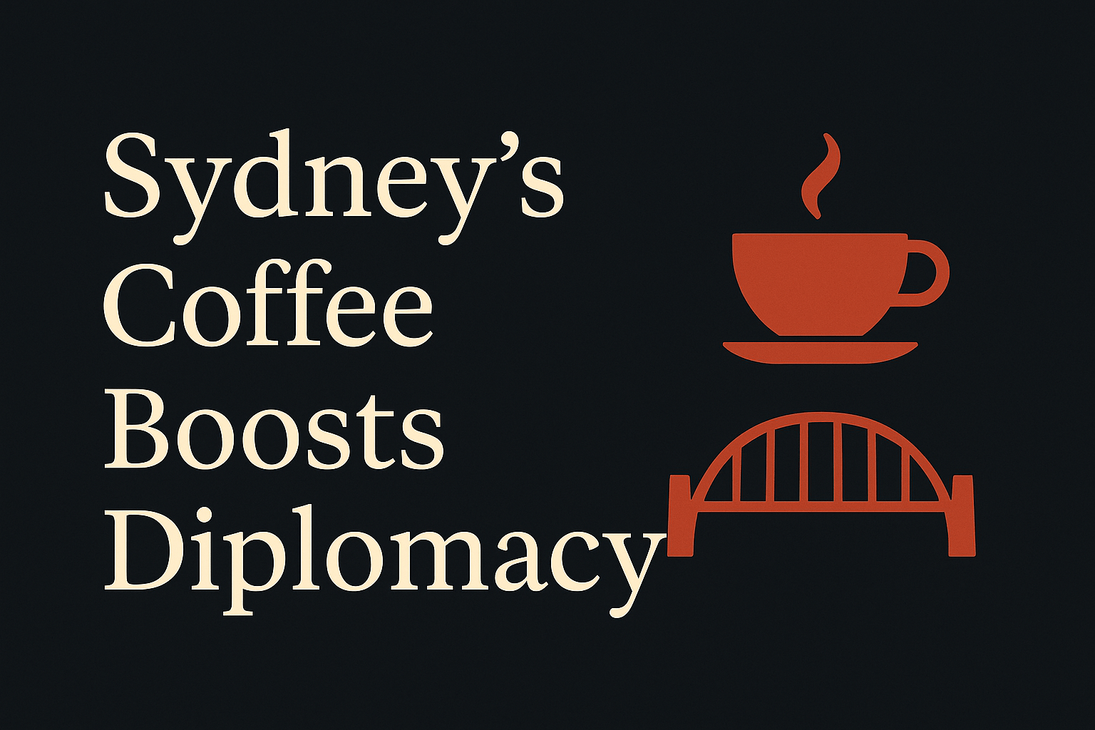 Dark background with cream text, orange Sydney bridge and coffee cup icons.
