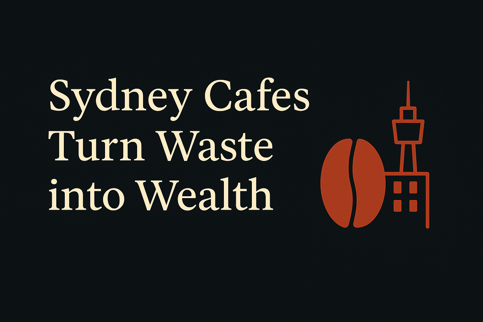 Dark background with cream text and orange coffee bean and building icons