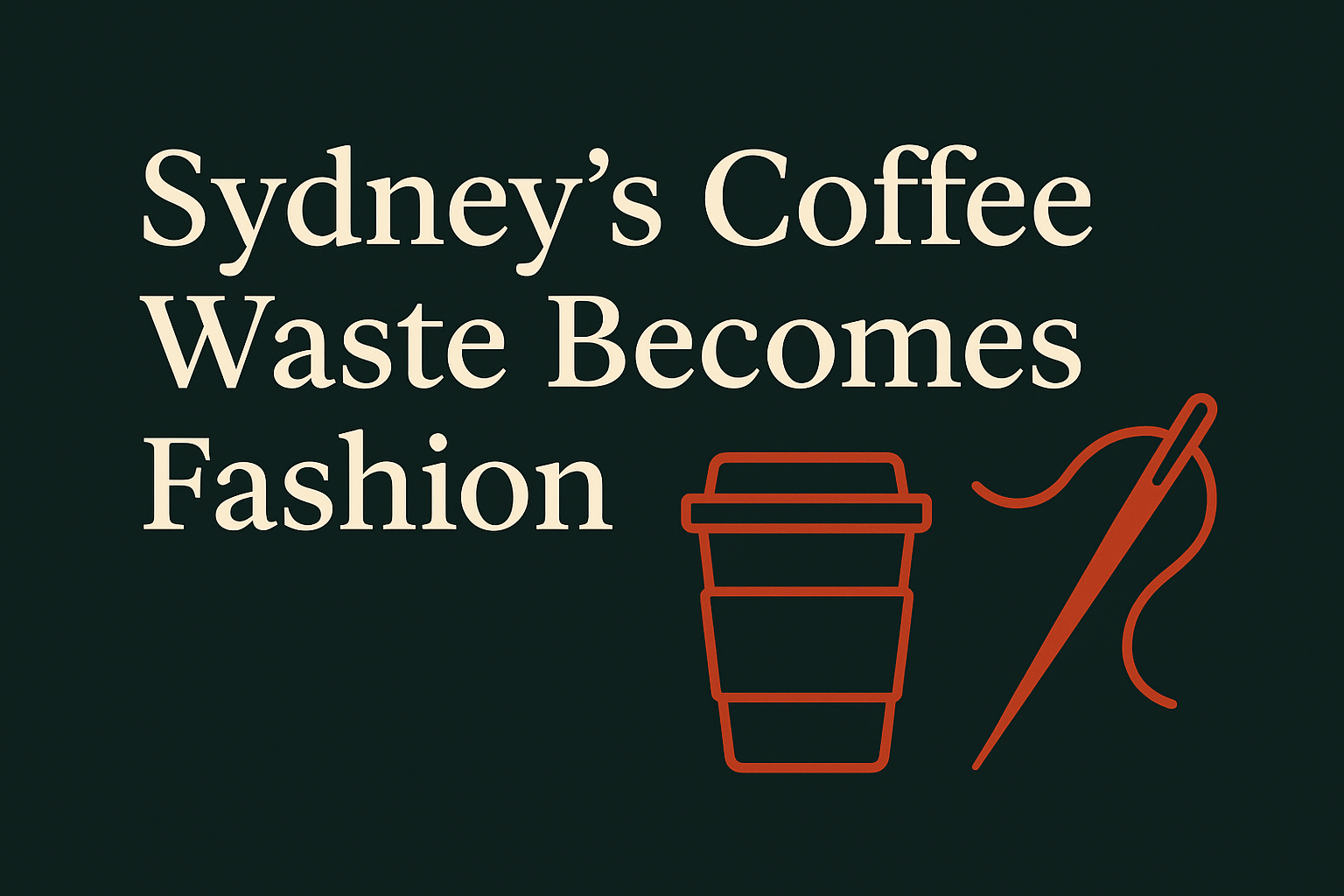 Cream text on dark background with coffee cup and sewing needle icons.
