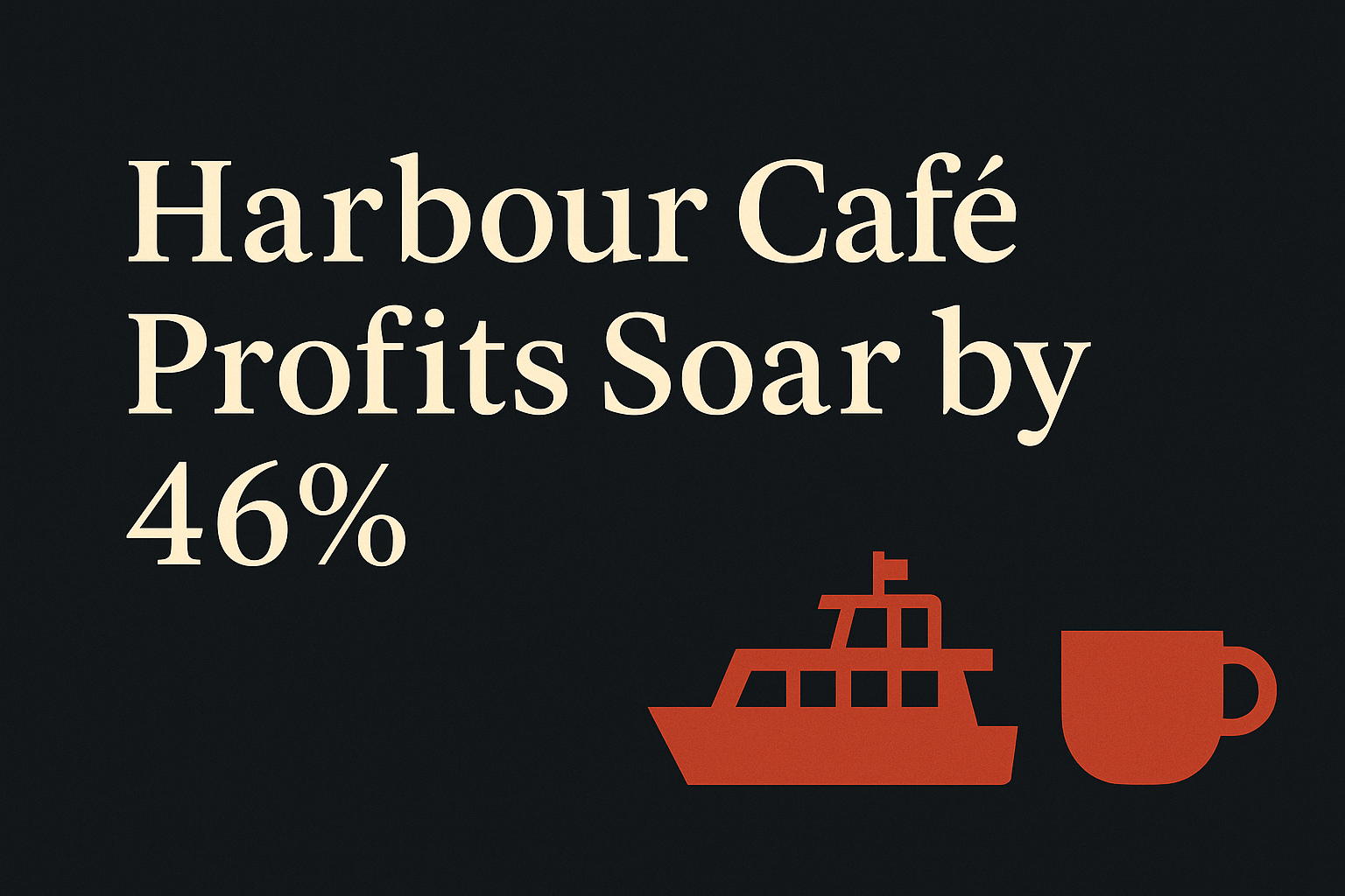 Text reading 'Harbour Café Profits Soar by 46%' with ferry and coffee cup symbols.