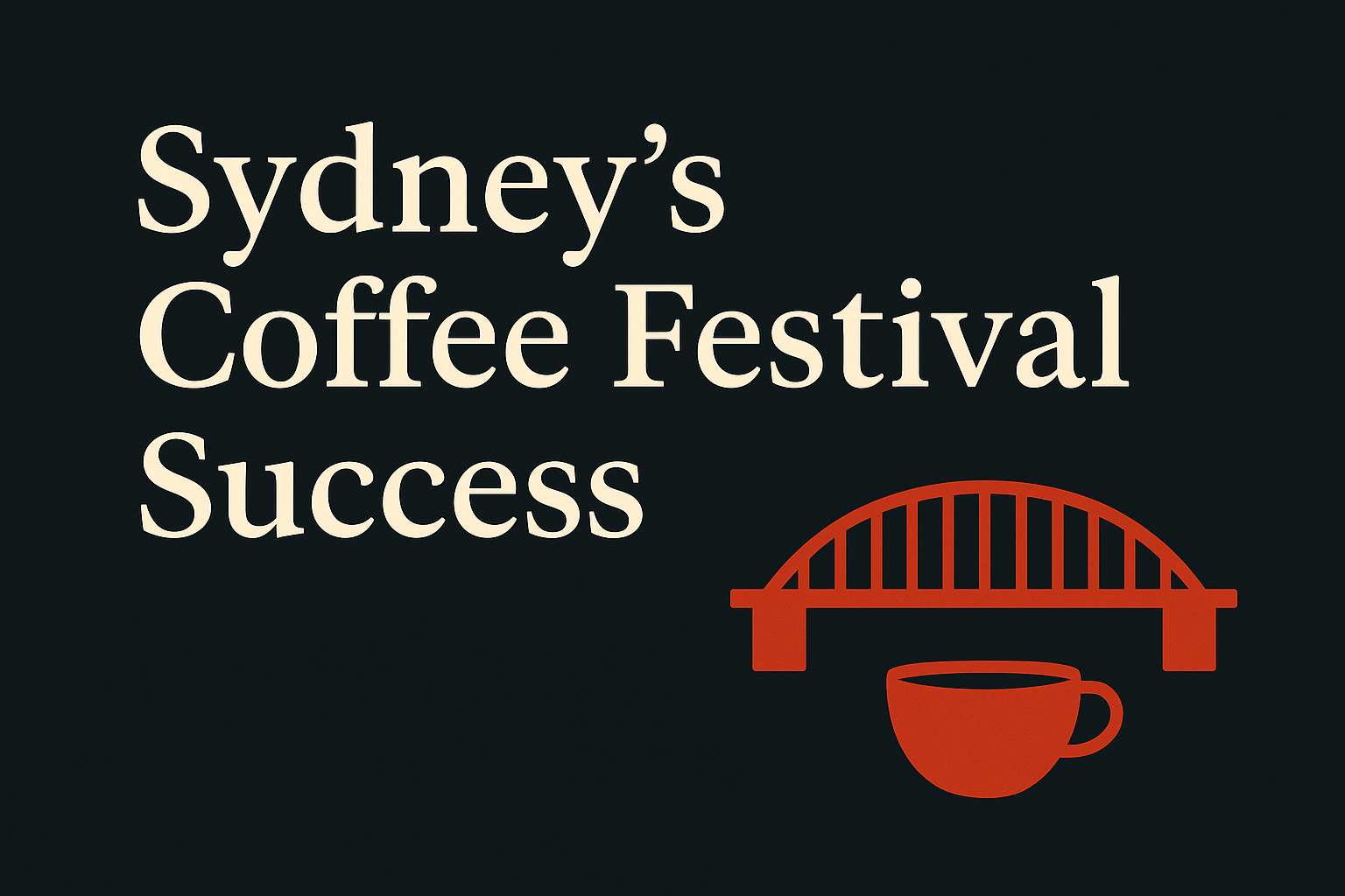 Dark background with cream text, orange bridge and coffee cup icons.