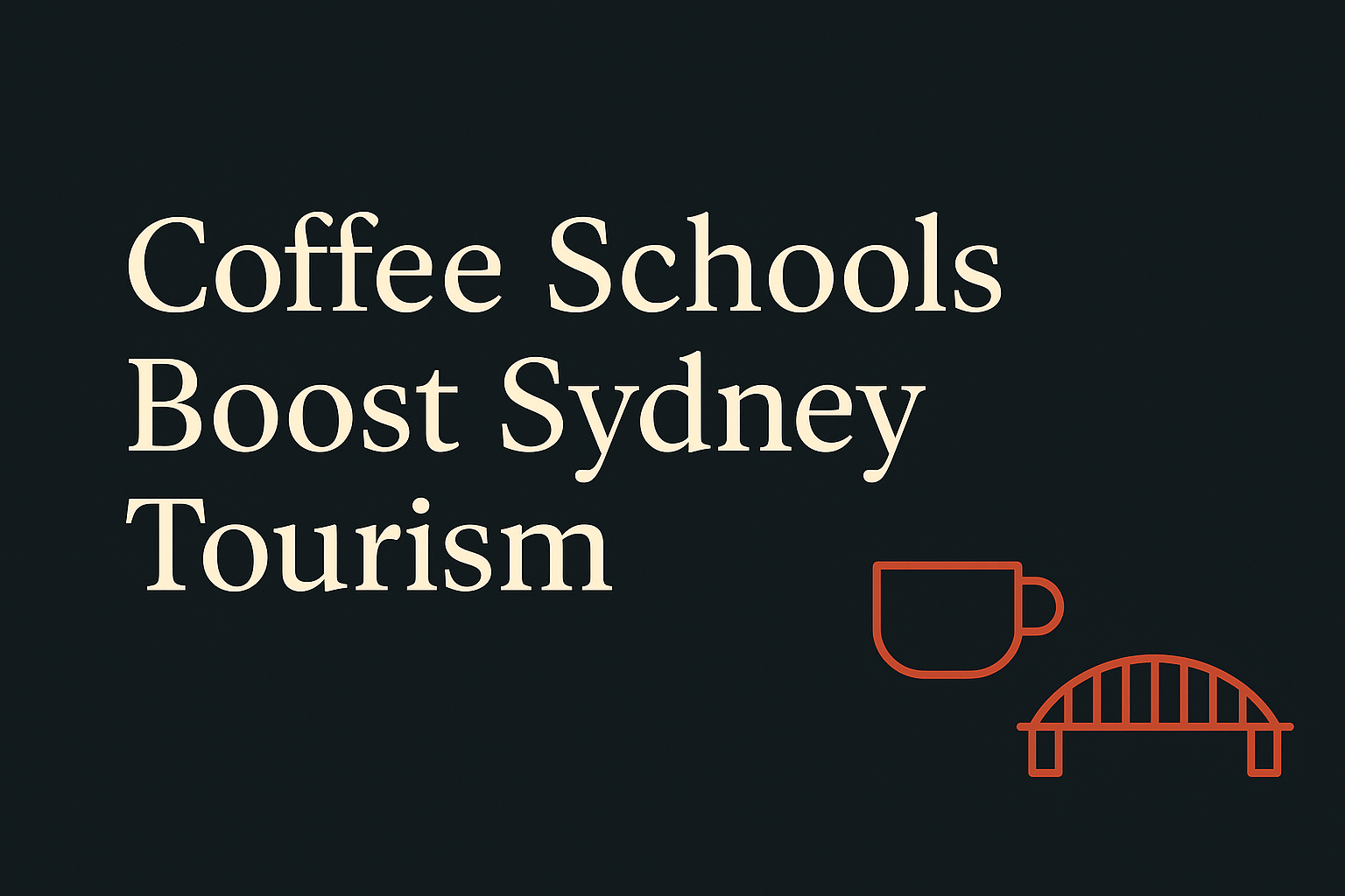 Dark background with cream text, orange coffee cup and bridge icons.