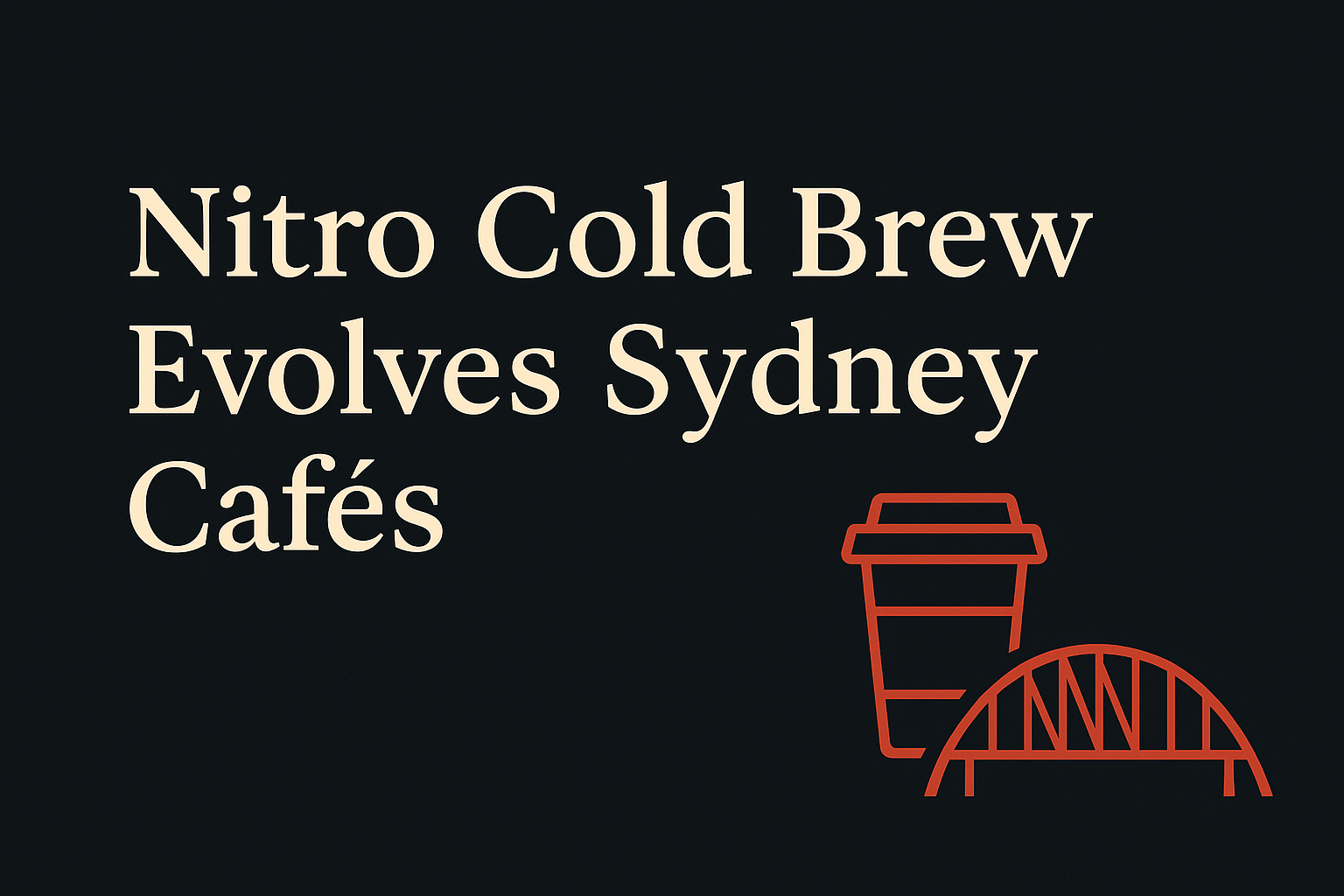 Dark design with cream text, Sydney coffee cup icon, emphasizes negative space and clean lines.