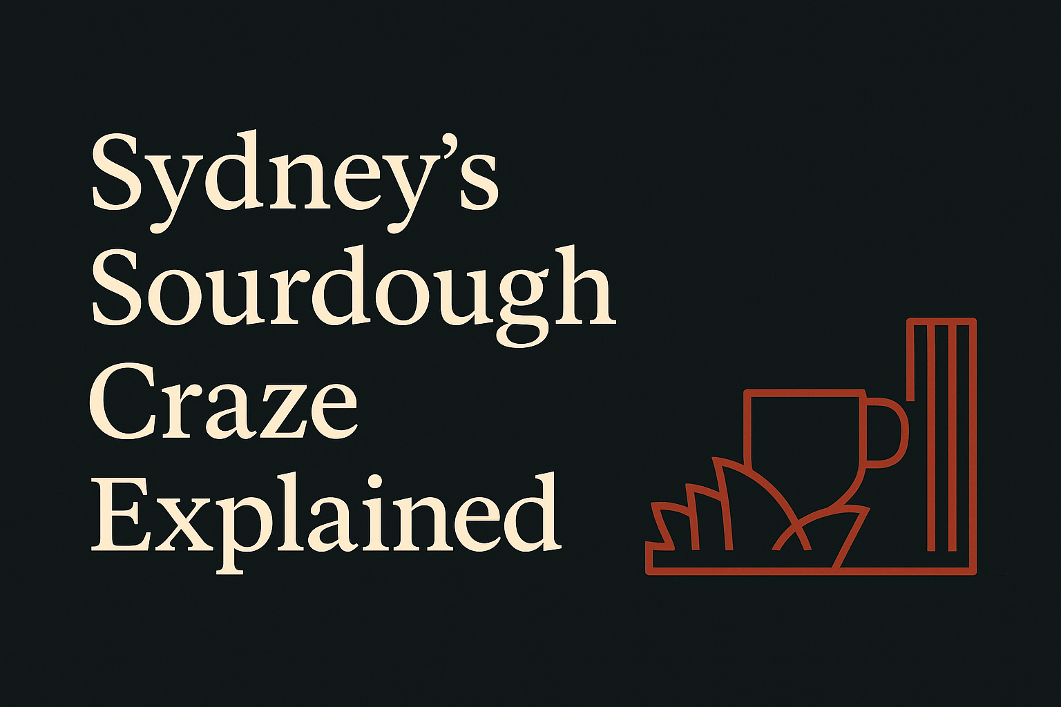 Dark charcoal with cream text, orange coffee cup and building icons.