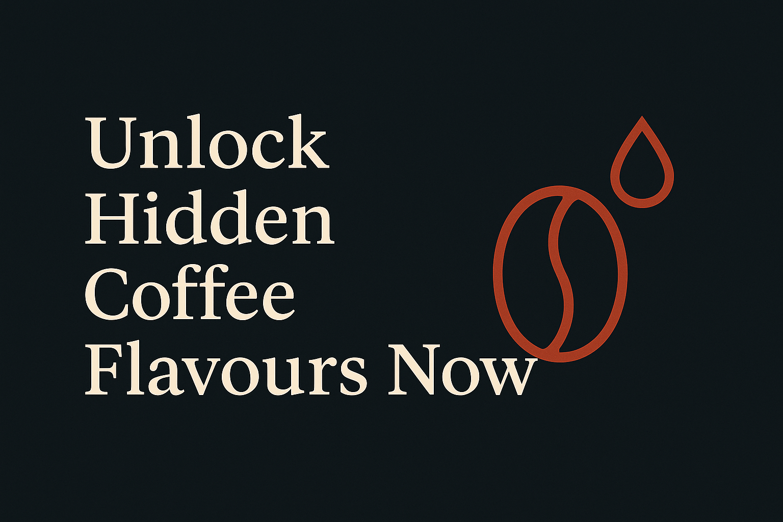 Dark background with cream text, orange coffee bean and water droplet icons