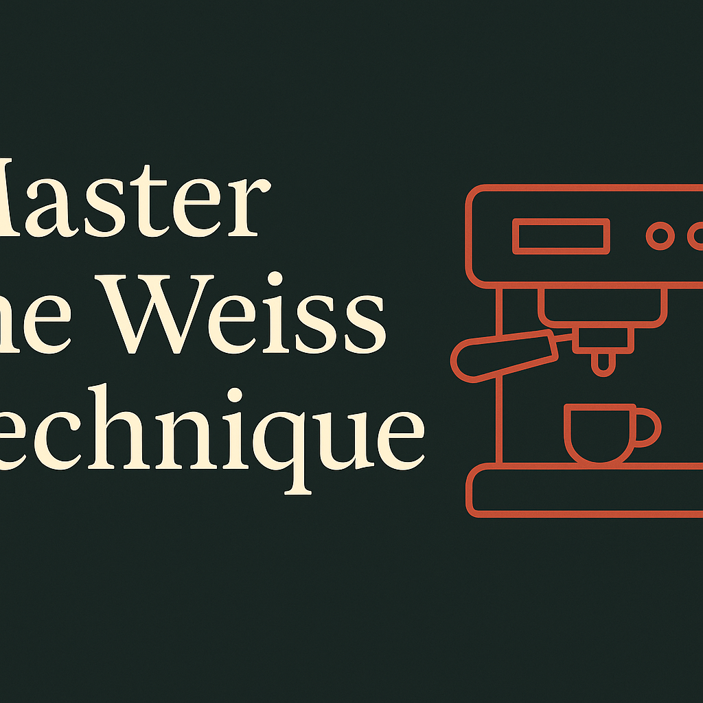 Dark charcoal background with cream text, featuring coffee equipment silhouette in orange accent.