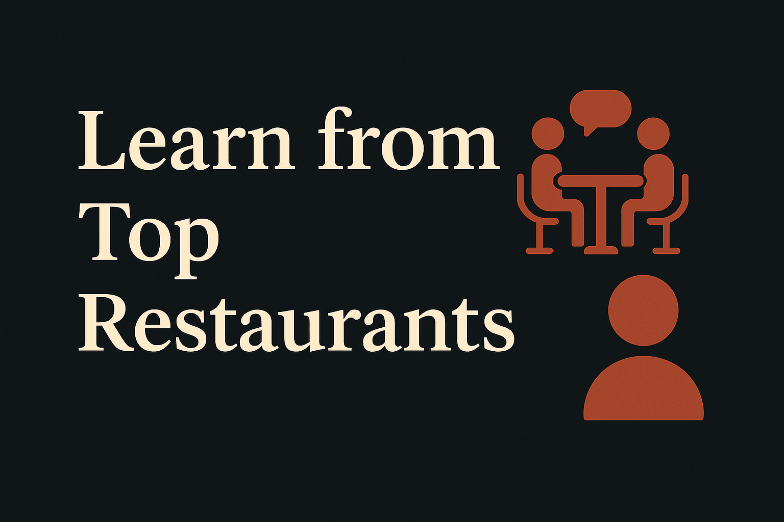 Dark background with cream text, orange people silhouettes, and meeting symbols.