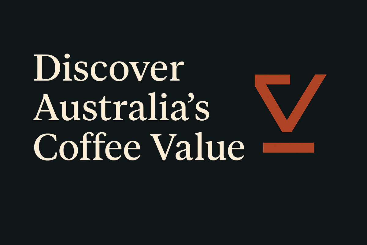 Dark background with cream text, incorporating geometric value symbol in orange for coffee value theme.