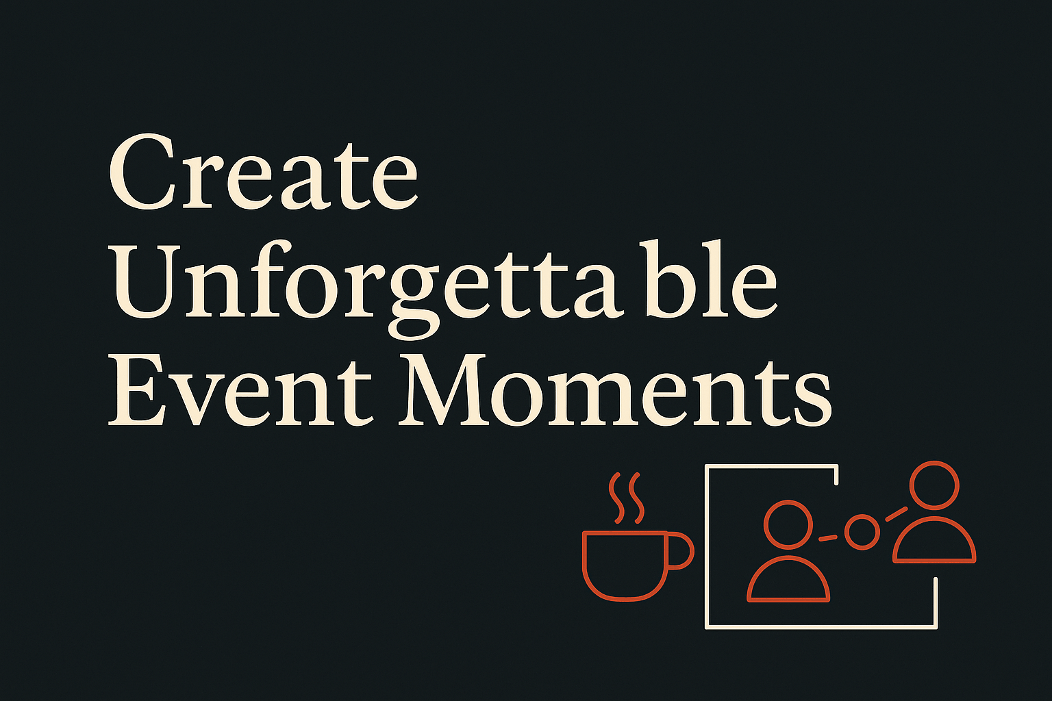 Dark background with cream text, orange coffee cup and networking icons, spacious design.