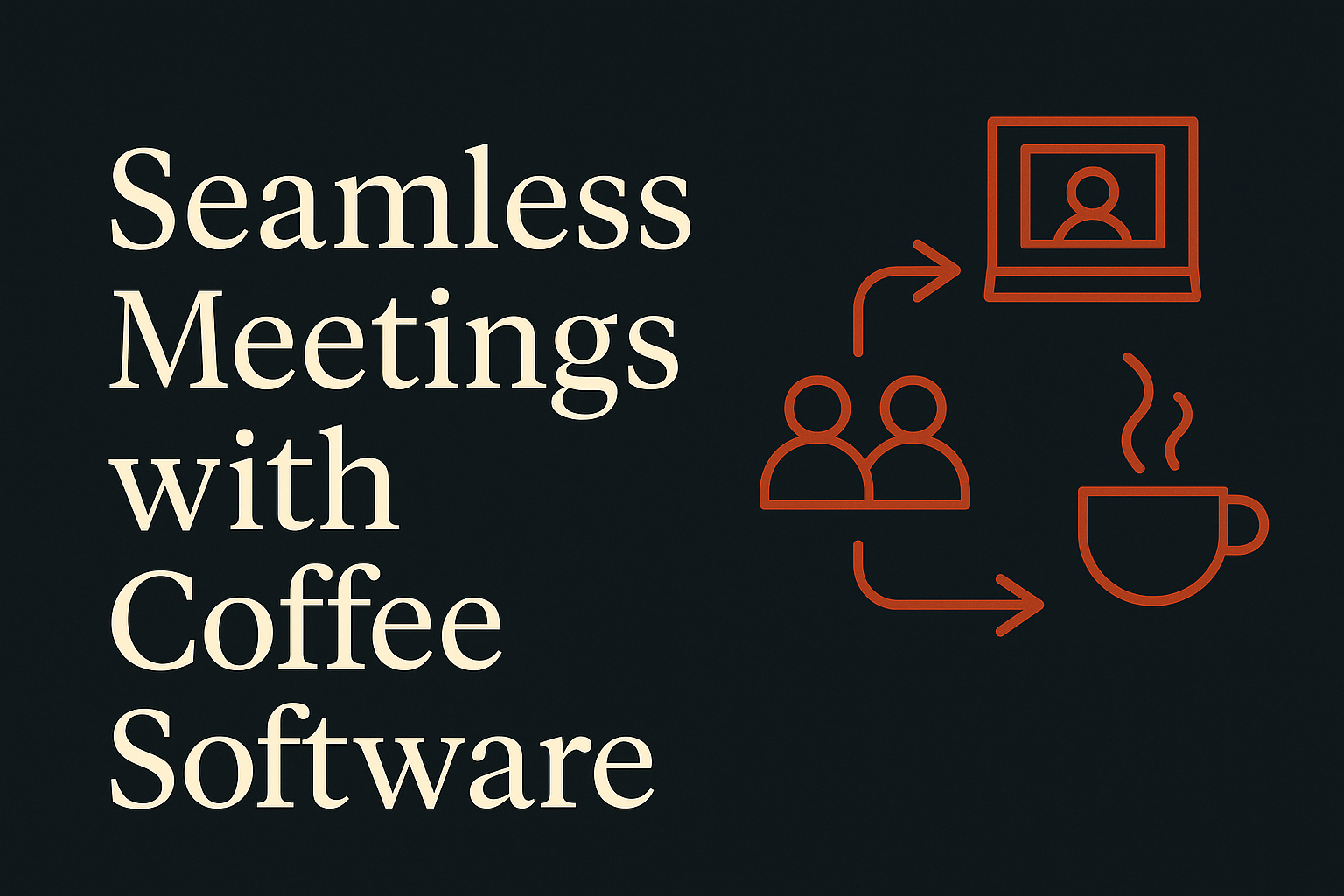 Dark background with cream text, orange meeting icons, and arrow graphics for flow