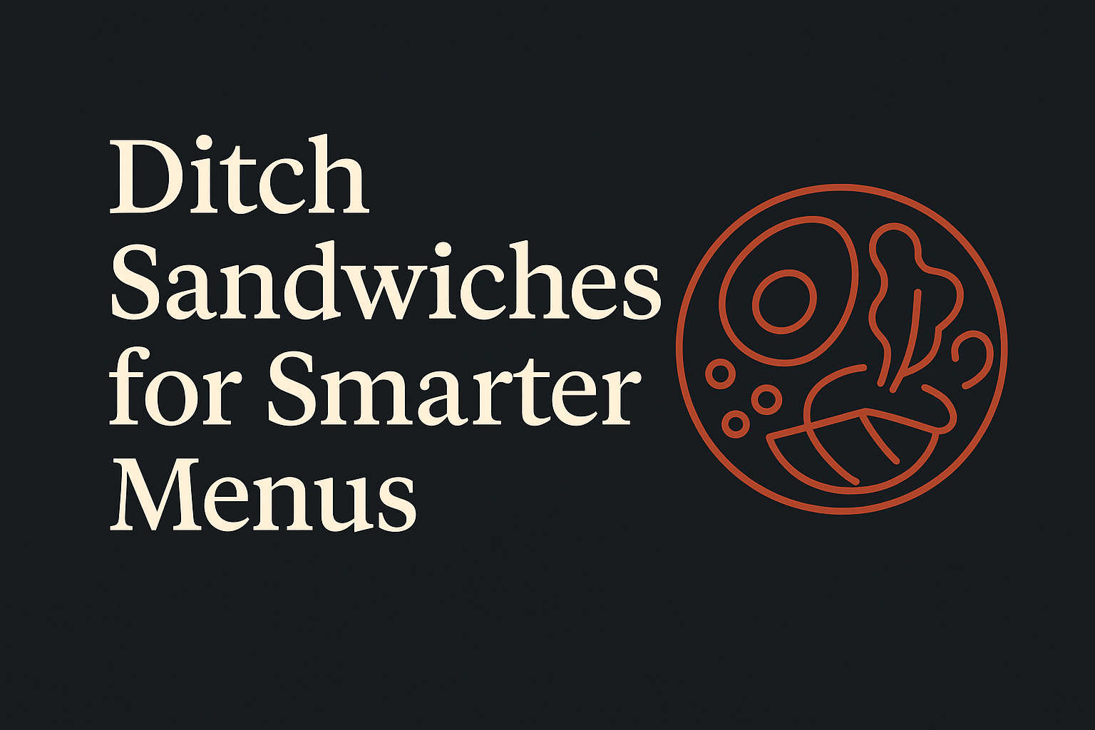 Dark background with cream text, poke bowl and quinoa salad icons in orange.