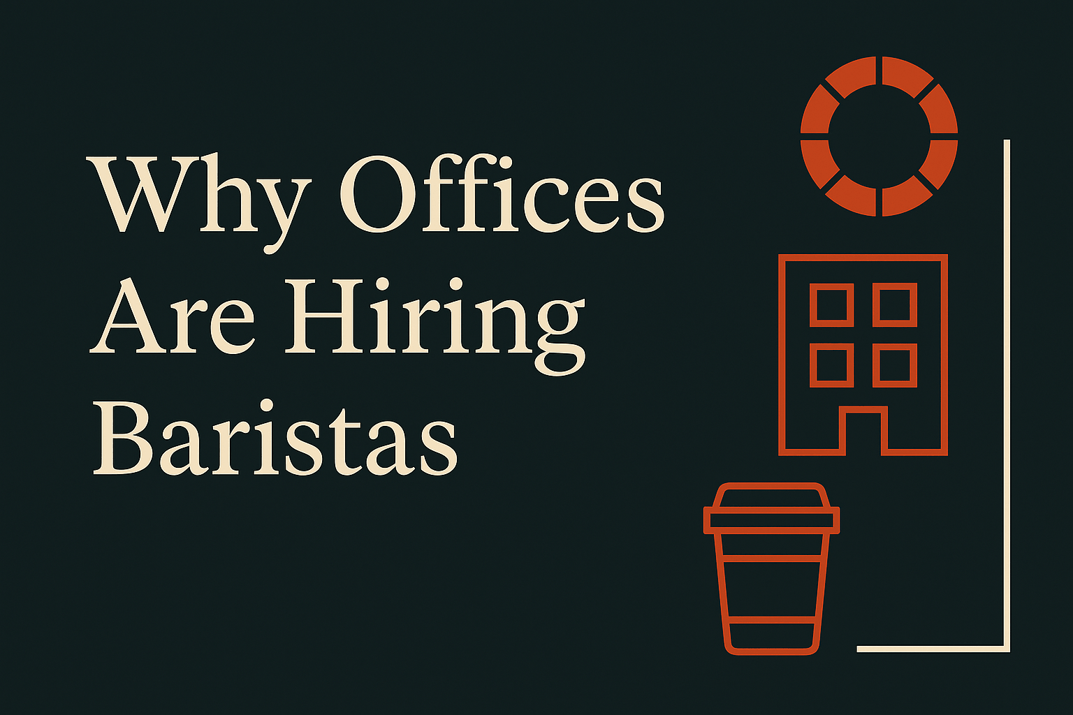 Dark background with cream text and orange workplace icons, clean and minimal design.