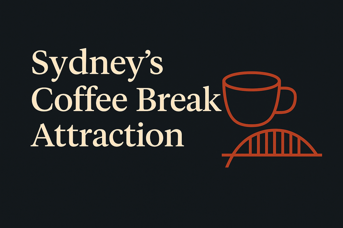 Dark background featuring cream text with orange coffee cup and bridge icons.