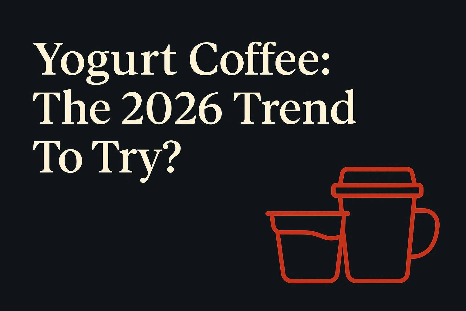 Dark background with cream text, yogurt cup, and coffee cup silhouettes in orange.