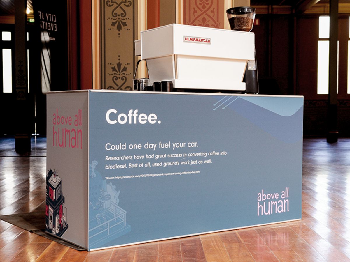 Full cart wrapped branded coffee cart at Melbourne Exhibition Building