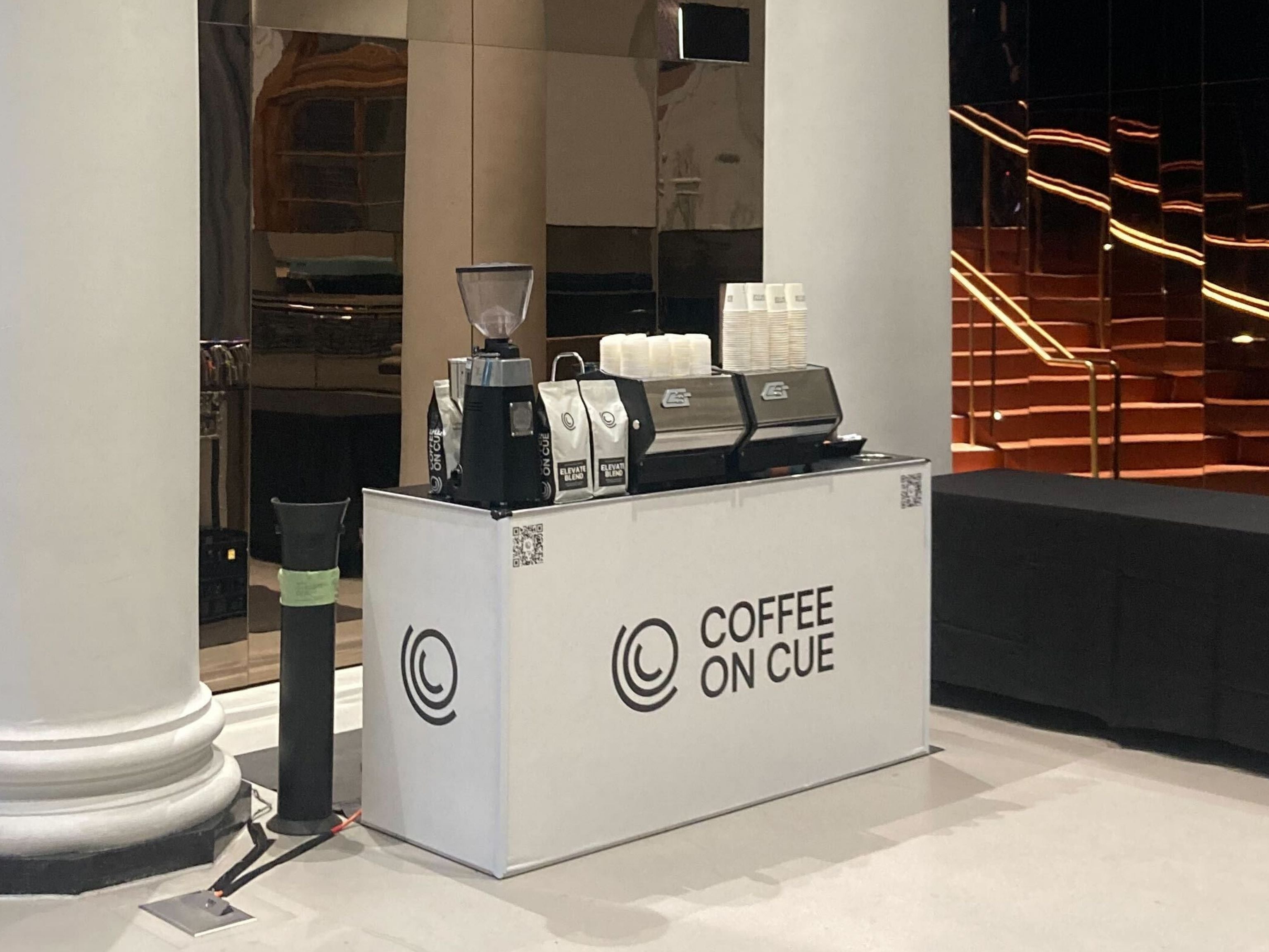 Event coffee cart set up in a ground foyer