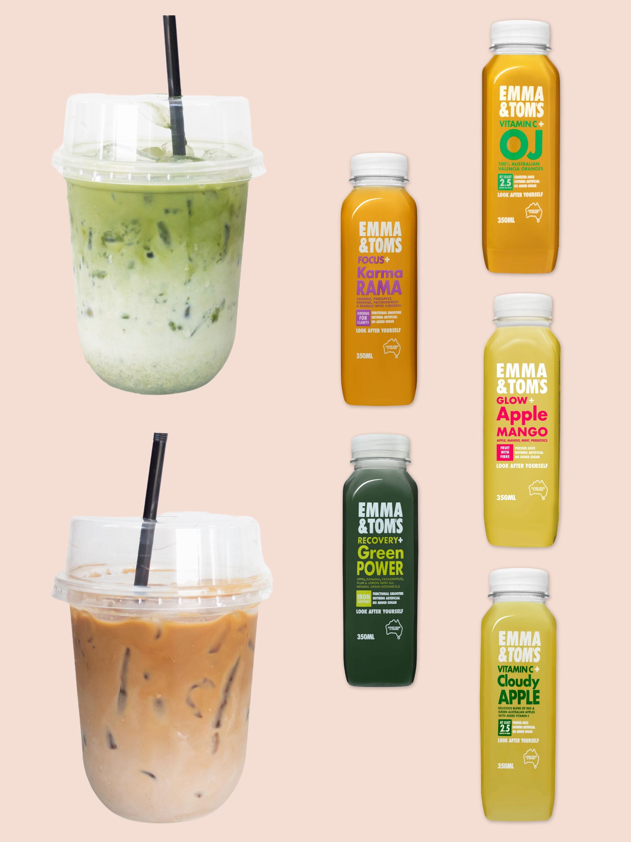 Two iced drinks with straws and six fresh juice bottles