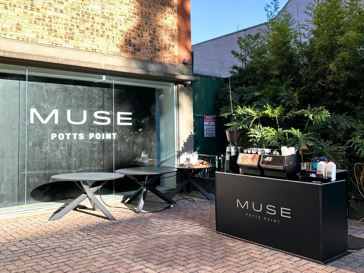Muse branded coffee cart at property activation event