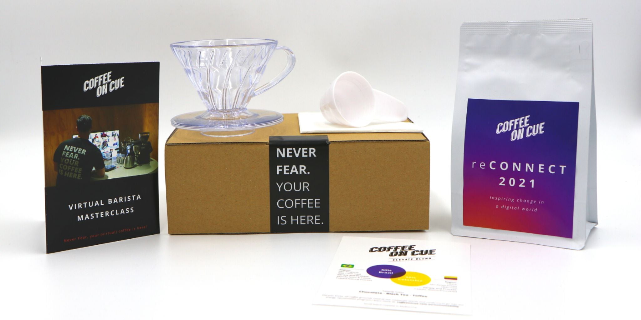 Virtual event coffee brewing pack with coffee bag v60 brewer and dosing scoop